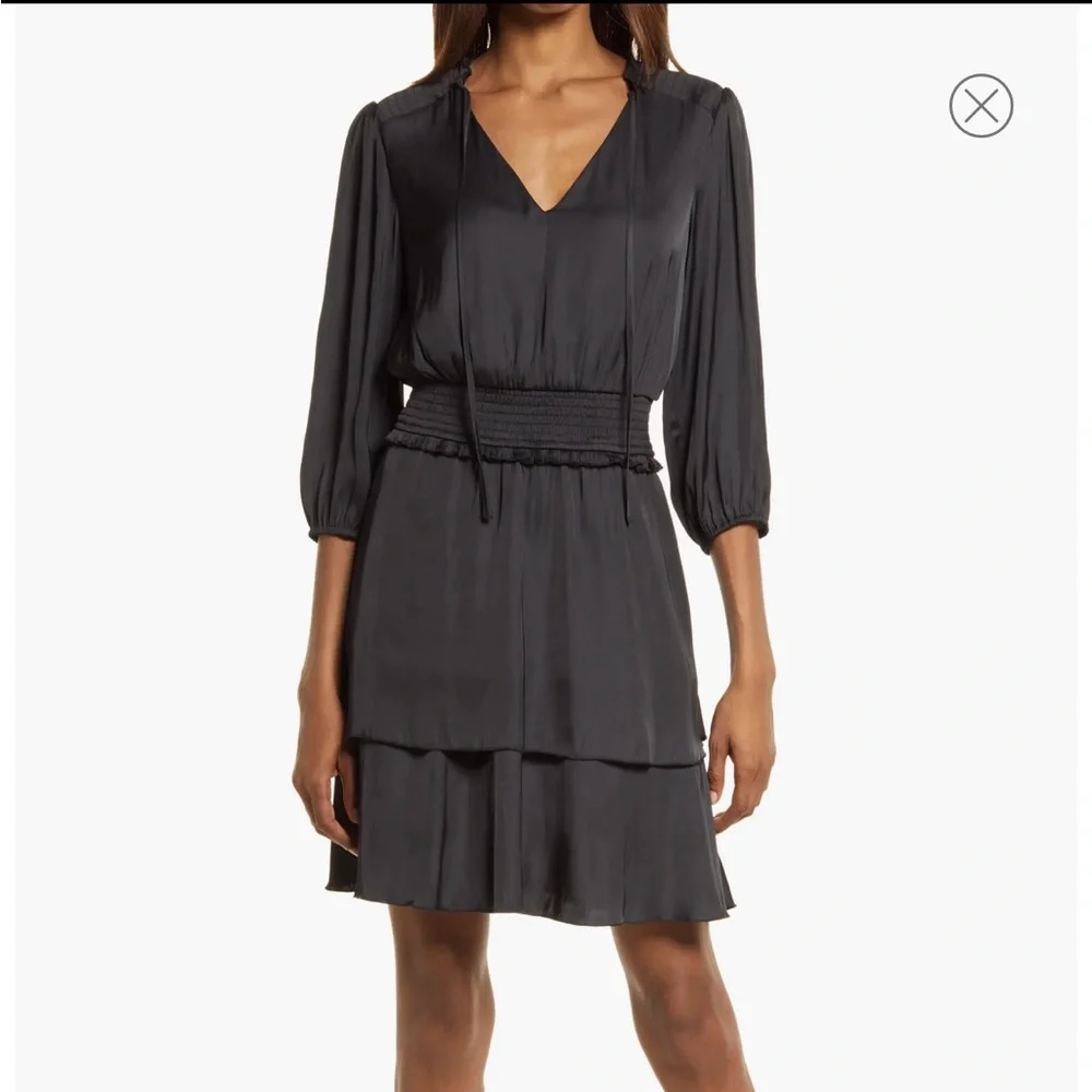 Sam Edelman Long Sleeve Tiered Dress Silky Smock Waist Black L NWT